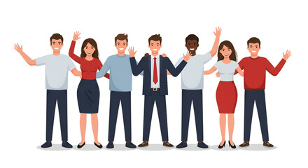 Fototapeta premium Diverse group of professionals in business attire, greeting each other in a celebratory pose against a plain white background. Friendly professionals, welcoming, diverse group, corporate setting.