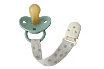 Baby pacifier with transparent background and fabric strap, showing comfort and care