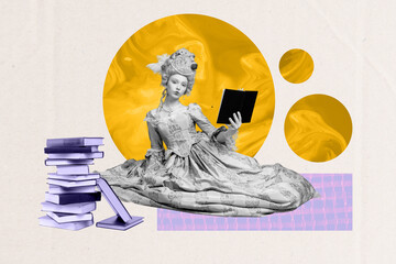 Full sketch image 3d photo collage of serious duchess girl hold book read novel bookwork hobby...