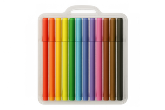 Colorful felt tip pens arranged in a row forming a gradient on transparent background