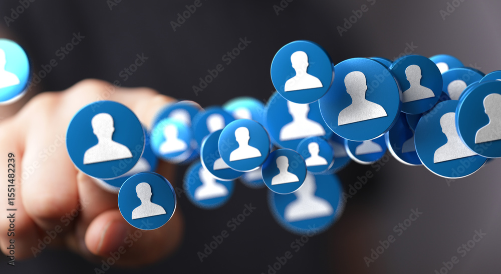 Poster Image of a hand interacting with floating profile icons, representing social media connections and networking.