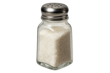 Glass salt shaker filled with white granulated salt on transparent background