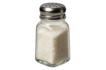 Glass salt shaker filled with white granulated salt on transparent background