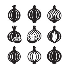 Onion Icon Set for Kitchen. Set of Black and White Onion Illustrations
