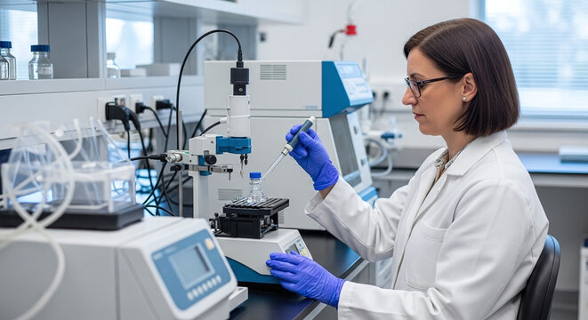 female scientist looking at a microscope - Powered by Adobe