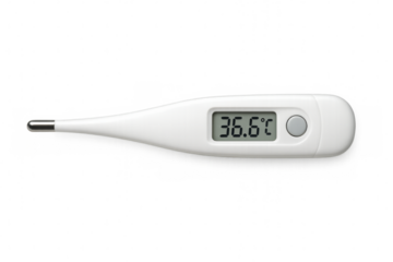 White digital clinical thermometer showing normal body temperature on transparent background