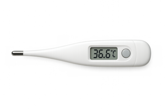 White digital clinical thermometer showing normal body temperature on transparent background