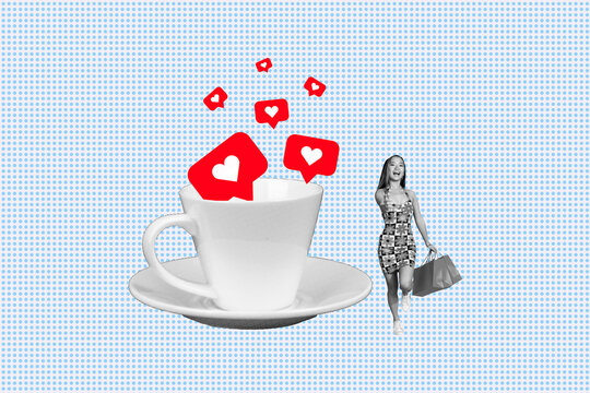 Poster image sketch full collage of happy girl hold packages sale black friday coffee cup saucer heart blogging feedback notification
