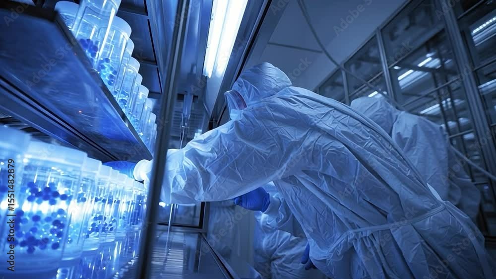 Poster scientists working in a sterile lab environment with bioreactor samples