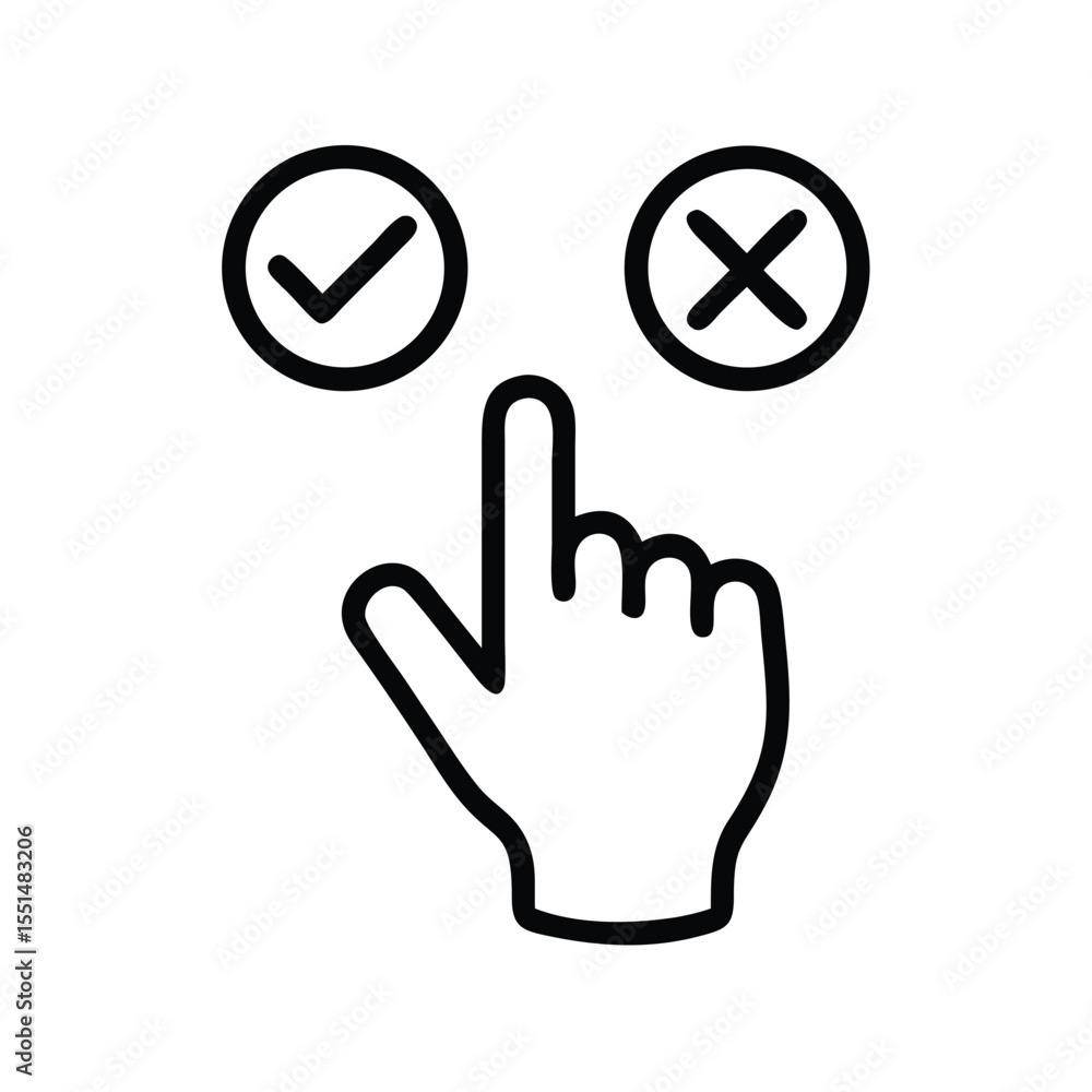 Poster hand selection of right or wrong choice with tick and cross for ui design and user interface design 