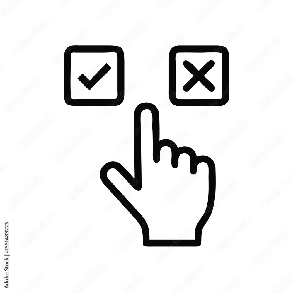 Poster choice selection icon with hand cursor choosing check mark or x mark in boxes for user interface des