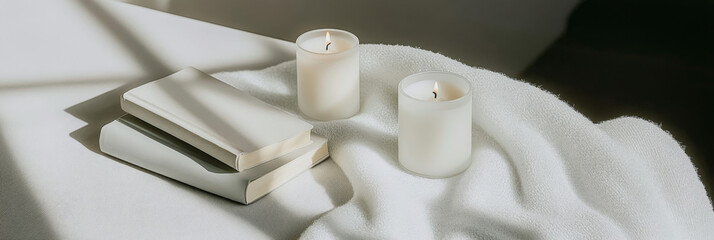 White candles on stacked books casting shadows, perfect for calming home decor background