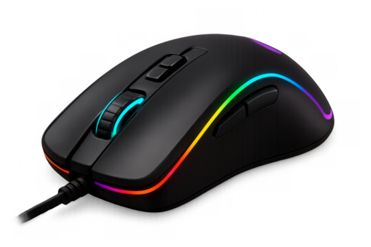 Modern gaming mouse with rgb lighting on transparent background
