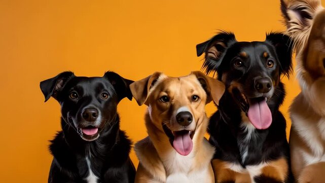 Group of happy dogs with tongues out posing in front of a soccer ball against an orange background.