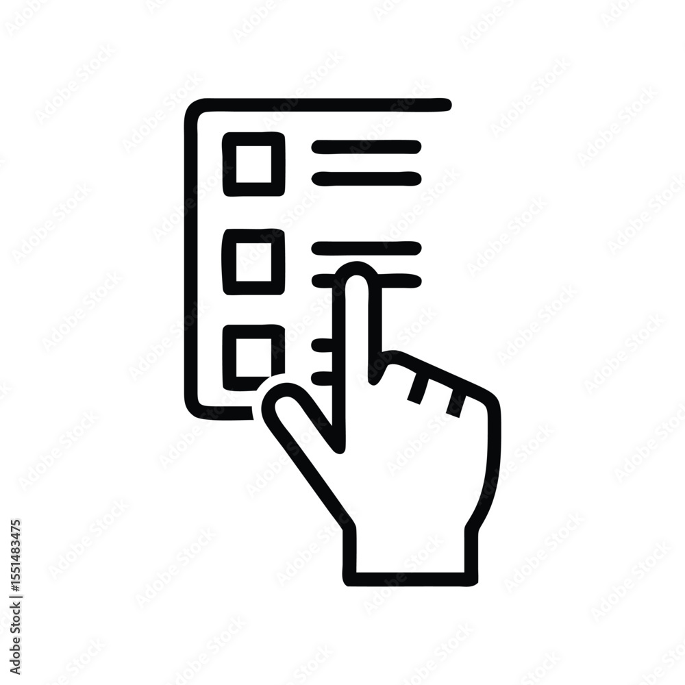 Poster checklist selection icon for form input and data entry with hand pointing to the option box choice s