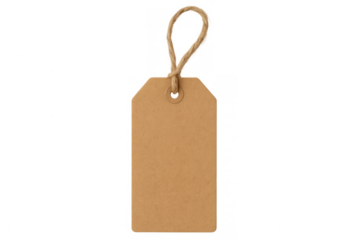 Blank cardboard tag hanging with string on transparent background