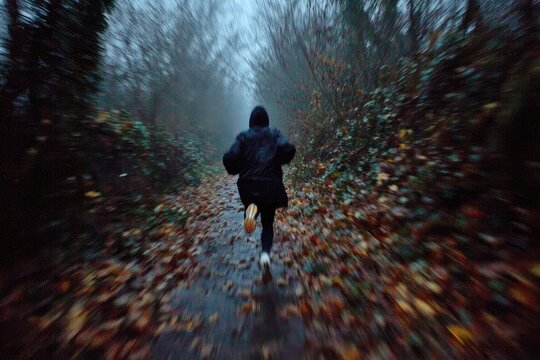 Person running through a misty forest path