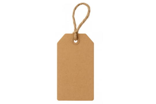 Blank cardboard tag hanging with string on transparent background