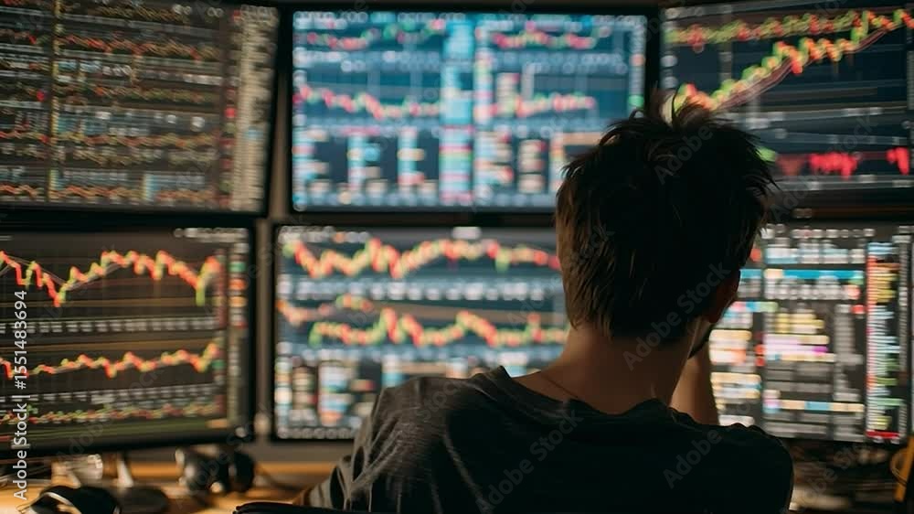 Aufkleber trader monitors multiple stock market charts in a dimly lit room