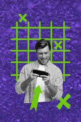 Composite image montage trend artwork 3D collage of young man smile hand hold device remote gamer...