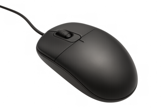 Black computer mouse with scroll wheel on transparent background