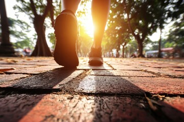 Low-angle view of feet walking on brick pavement, sun shining through trees