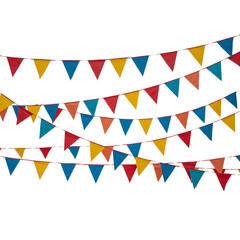 Colorful triangular pennants strung together in various hues of red, orange, yellow, and blue. Festive decoration with a celebratory, fun feel. Carnival or outdoor event.
