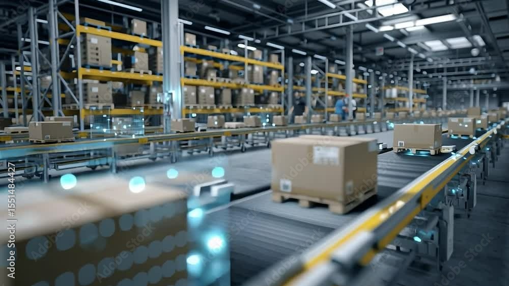 Poster modern warehouse with automated conveyor system transporting packages