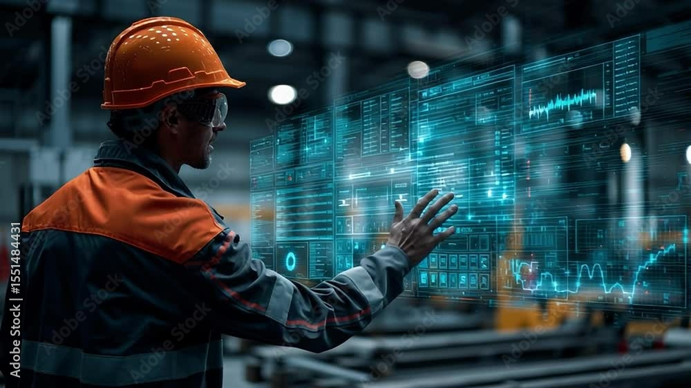 Poster industrial worker interacting with digital interface in a factory setting
