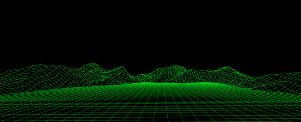 Vector mountain wireframe landscape. Technology polygonal terrain. Futuristic green background.
