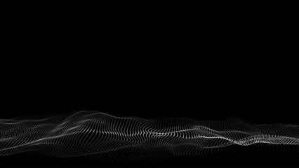Futuristic digital wave. Dark cyberspace. Abstract vector wave with dots. White moving particles on a black background.