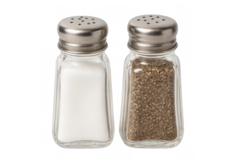 Salt and pepper shakers containing white salt and black pepper on transparent background