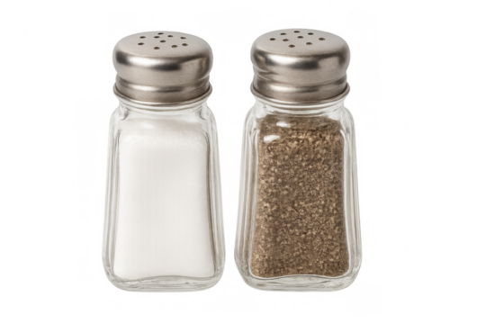 Salt and pepper shakers containing white salt and black pepper on transparent background