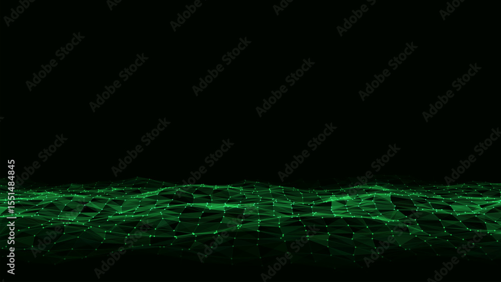 Poster abstract technology wave of particles. big data visualization. vector dark background with motion do