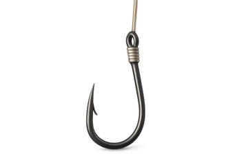 Sharp fishing hook hanging on fishing line with transparent background