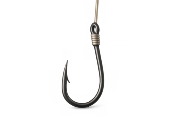 Sharp fishing hook hanging on fishing line with transparent background