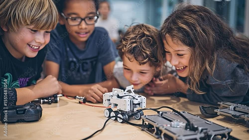 Poster children engaged in robotics activity at a tech workshop