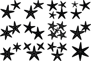 Black starfish isolated on white background in a row with different shapes