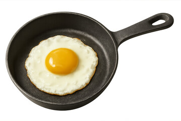 Fried egg sunny side up cooking in cast iron skillet on transparent background