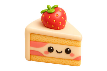Cute 3D Strawberry Cake Slice with Smiling Face and Icing - Transparent Background
