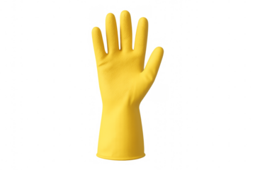 Yellow cleaning glove showing five fingers on transparent background