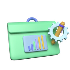 3d cartoon icon of a briefcase with a bar graph and a pencil with a gear