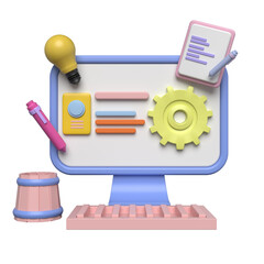 3d cartoon computer with lightbulb gear and notepad for business and creativity
