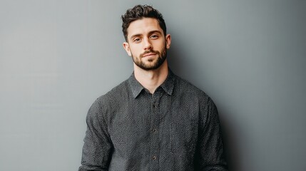 Fototapeta premium Confident Young Man Posing Against a Gray Background in Casual Attire