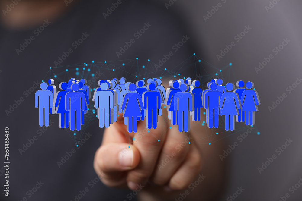 Poster image of a hand interacting with a digital network of people, symbolizing connection and community.