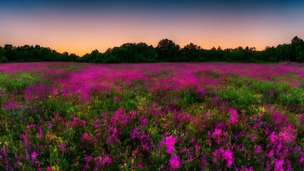 Sunrise or sunset bathes a beautiful purple lavender field landscape, with a blue sky and green grass extending to the horizon, capturing the essence of a serene summer countryside meadow