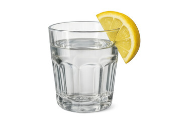 Shot glass of alcoholic beverage with lemon slice on transparent background