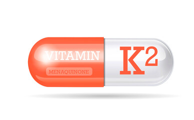 Vitamin K2. Pink and white color. Vitamin complex with chemical formula. Personal care, beauty concept. copy space.