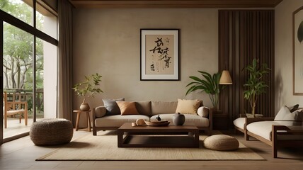 Fototapeta premium Japandi Living Room with Natural Light and Minimalist Decor