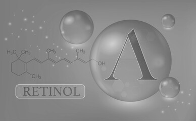Vitamin A, retinol, water drops, capsule on a red gradient background. Vitamin complex with chemical formula. Information medical poster.